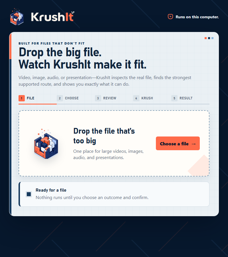 KrushIt desktop interface in navy, coral and warm white